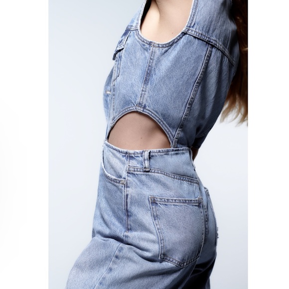 NWT Zara Full Length Cut Out Denim Jumpsuit - Picture 7 of 9